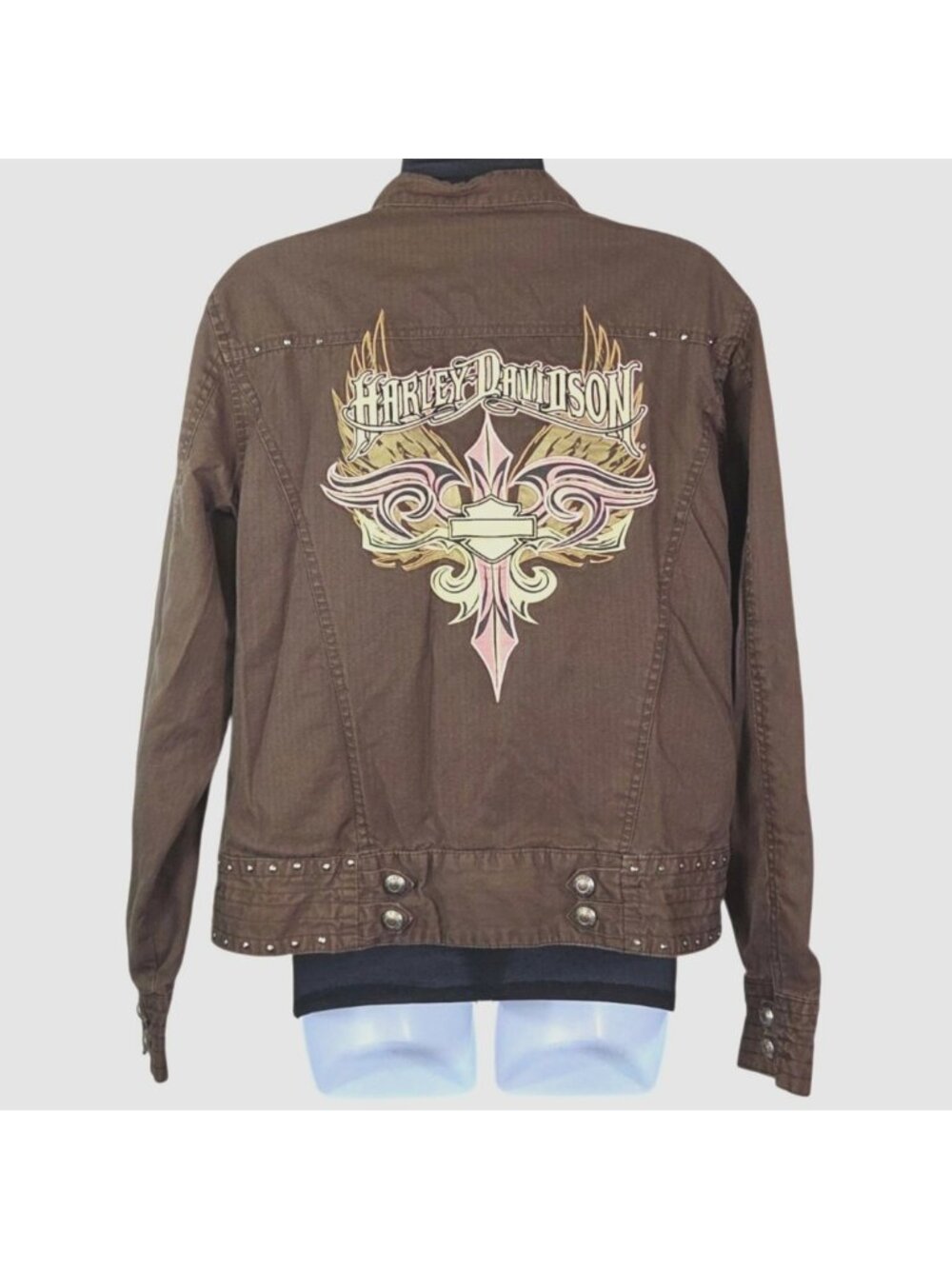 Harley-Davidson Womens Brown Studded Jacket W Embroidered Logo Back Zip Front Lg
